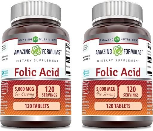 [BRSRMCAYBMPQAEQU] Incrible Fórmulas Suplemento de ácido fólico | 5000 Mcg | 120 Tablets | Non-GMO | Gluten Free | Made in USA (2 Pack)