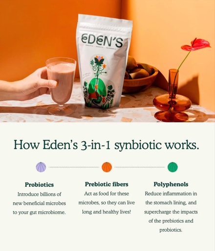[BRSROHQ5OQNBGFAU] Eden 's 3-in-1 Synbiotic supplementary, 124; Prebiotics, Probiotics & Polyphenol Gut Health Addition, Kartą per dieną, 8g pluošto