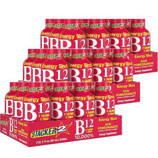 [BRSWGFA6OQJW2DLH] Stacker 2 Vitamin B Complex B12 B6 B3 Liquid Energy Shots - Acai & Pomegranate - Cyanocobalamin, 10,000% DRV - B-6 Pyridoxine 40mg - B3 Niacinamide (Niacin) 20mg - BASED BOX Bundle (2oz, Pack of 36)