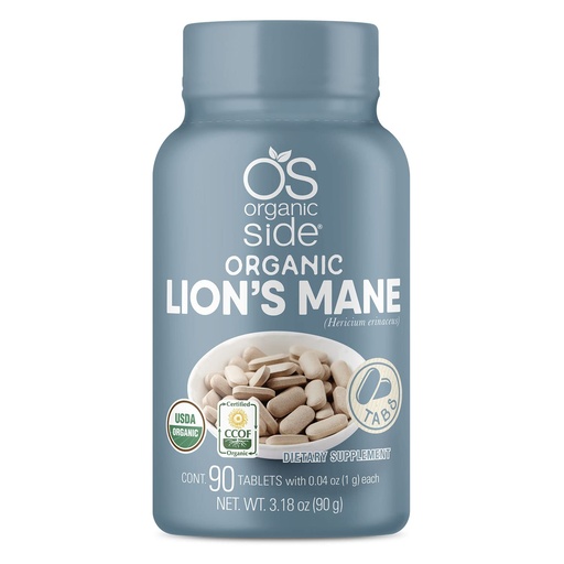 [BRSRM2QOO4CG22A6] OS Organic Side | Lions Manes Mane Tablets | 100% Pure Organic | USDA Certified | Non-GMO, Plant-Based Memory & Focus Support | 1,120 Mg Per Serving | 90 Tablets