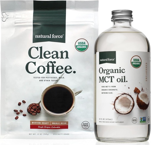 [BRSWYHQNDF7WYAY2] Natural Force Organic Clean Coffee + Organic MCT Oil Bundle – 100% Pure Coconut MCTs & Mold & Mycotoxin Free Coffee – Non-GMO, Keto, Paleo, and Vegan - 12 Oz Bag and 16 Oz Glass Bottle