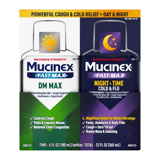 [BRSWGBAFBB5GO2D2] Maximum Strength Mucinex FastMax DM Max & Mucinex Nightshift Cold & Flu Liquid (2 x 6 fl. oz.) Thins & Loosens Mucus, Relieves Cough & Chest Congestion, Pain, Fever, Sneezing, Sore Throat, Runny Nose
