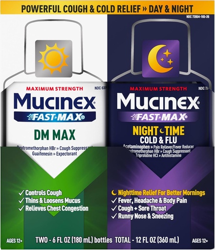 [BRSWGBAFBB5GO2D2] Maximum Strength Mucinex FastMax DM Max & Mucinex Nightshift Cold & Flu Liquid (2 x 6 fl. oz.) Thins & Loosens Mucus, Relieves Cough & Chest Congestion, Pain, Fever, Sneezing, Sore Throat, Runny Nose