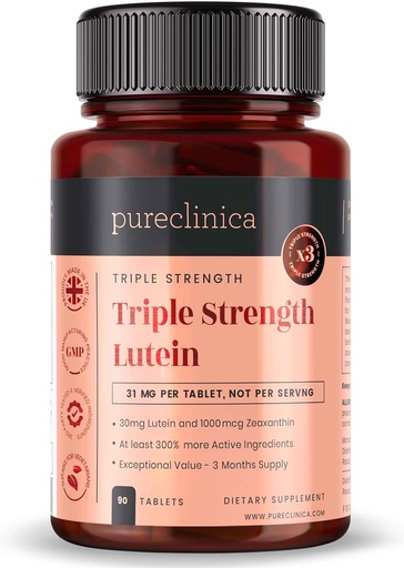 [BRSWIFI4AYBRWCD4] pureclinica Lutein 30mg with Zeaxanthin 1000mcg – Triple Strength Supplement, 90 Tablets (3-Month Supply)