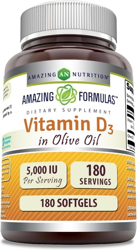 [BRSROGITOEPGK3T7] Amazing Formulas  Vitamin D3 with Olive Oil  5000  IU Softgels Supplement | Non-GMO | Gluten Free | Made in USA (180 Count)