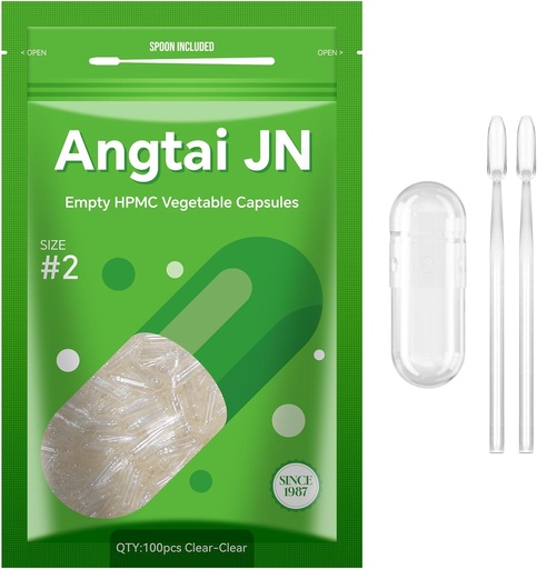 [BRSROZTQOYBA2232] Vegan Empty Pill Capsules Size 2 Plant Based Clear (100 Count) Gluten Free, Non-GMO, Halal Certified Caps Filling Kit with 2 Spoons for Vegetarian DIY Your Own Supplements