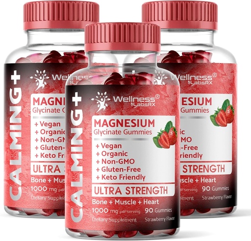[BRSROYAQDEGWEEL2] Magnezyum Glycinate Gummies, 1000 mg - Magnezyum Supplement to Support Relaxation, Heart Health - Chewable Calm Magnesio Gummies for Yetişkinler, Glicinato De Magnesio - Strawberry Flavor - 3 Paket