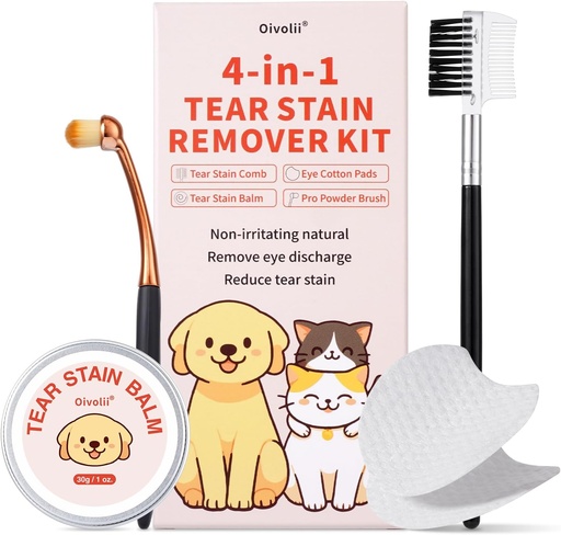 [BRSRAGD4O4OWGDQ3] Tear Stain Remover Kit for Dogs & Cats with Tear Stain Comb, Tear Stain Balm, Eye Cotton Pads, Pro Powder Brush Gently Remove Tear Stain, Eye Debris, Discharge, Mucus Secretions