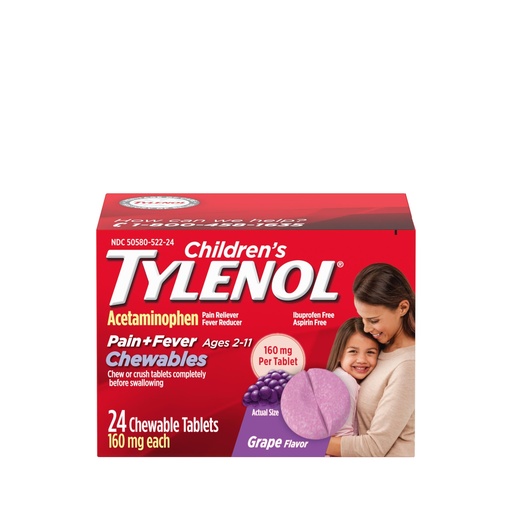 [BRSWKH3ZPIFAKADA] Children's Tylenol Chewables with 160 mg Acetaminophen, Pain Reliever & Fever Reducer for Kids' Cold + Flu Symptoms, Headache, Sore Throat & Toothache, Aspirin-Free, Grape Flavor, 24 ct
