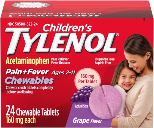 [BRSWKH3ZPIFAKADA] Children's Tylenol Chewables with 160 mg Acetaminophen, Pain Reliever & Fever Reducer for Kids' Cold + Flu Symptoms, Headache, Sore Throat & Toothache, Aspirin-Free, Grape Flavor, 24 ct