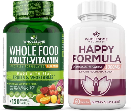 [BRSRAZTRDJ5QA2TG] Wholesome Wellness Whole Food Multivitamin for Men - Natural Multi Vitamins, Minerals, Organic Extracts Happy Formula Natural Formula Relief Supplement Bundle