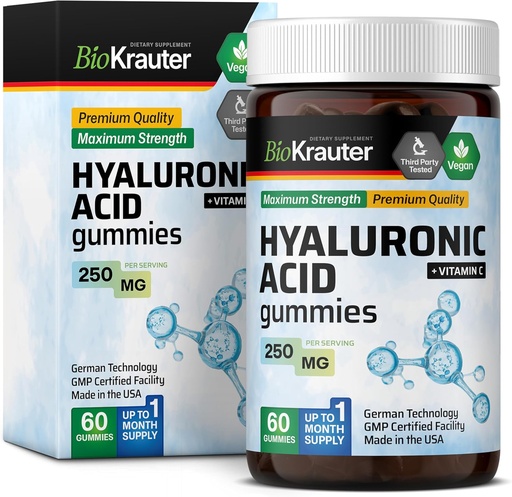 [BRSRMEIDOIMGMHLX] BIO KRAUTER Hyaluronic Acid Gummies w/Vitamin C - 250 mg - 60 Vegan Chews - Hyaluronic Acid Supplements - Pektiinipohjainen