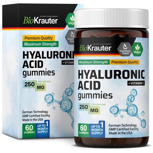 [BRSRMEIDOIMGMHLX] BIO KRAUTER Hyaluronic Acid with Vitamin C for Skin Hydration, 60 Gummies | Vegan Hyaluronic Acid Supplements 250 mg Strength for Beauty & Collagen Support, Banana Flavor, Herbal Supplements