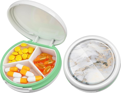 [BRSRMADQOEJWKAIV] Serfeymi Small Pill Box - 3 Komponenten Tragbare Pille Box für Geldbörse Tasche, Compact Mini Travel Pill Case - Geeignet für Medizin, Vitamin, Fish Oil, Supplements - Weiß( Marmor)