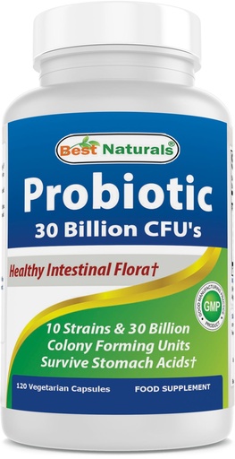 [BRSWIBAOCZ7GYCLE] Best Naturals Probiotic 10 Strains & 30 Billion CFU Intestinal Flora, 120 Veggie Capsules - Shelf Stable probiotic (4146365)