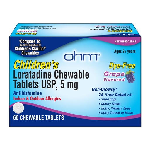 [BRSRAGIQOYFROCQ3] Ohm Children's Allergy Medicine, Loratadine 5mg, Chewable Tablets (60 Count) Grape Flavor, Non-Drowsy Antihistamine, 24-Hour Allergy Relief for Runny Nose, Watery Eyes, Itchy Throat & Nose