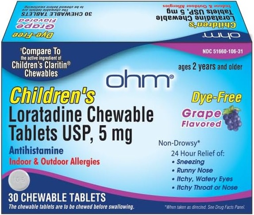 [BRSRAGIQOYFROCQ3] Ohm Children's Loratadine Chewable Tablets, Dye Free, Grape, Non-Drowsy 24h Sneezing, Runny Nose, Itchy Watery Eyes,Throat 또는 Nose, Antihistamine, 실내 및 실외 알레르기, 5mg, 60 정제