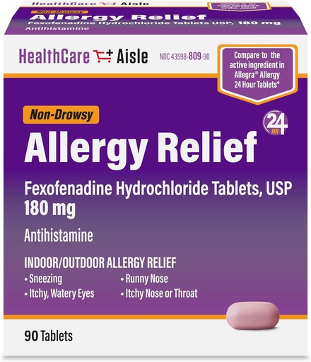 [BRSWGGQNOV6RA3LK] HealtCareAisle Allergy Relief - Fexofenadine Hydrochloride Tablet USP, 180 mg, 90 Tablets, Obat Allergy, Non-Drowsy 24- Hour Relief