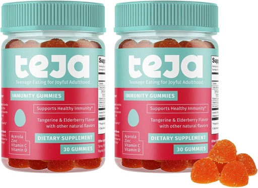 [BRSROEIOOIPRU3D5] TEJA Immune Support Gummies for Teens with Vitamin D, VIT C, Zinc, and Acerola. Low Sugar Supplement, Daily Immunity Multivitamin for Age 12-17 Teenagers to Adults. 30 Gummies (2 Pack)