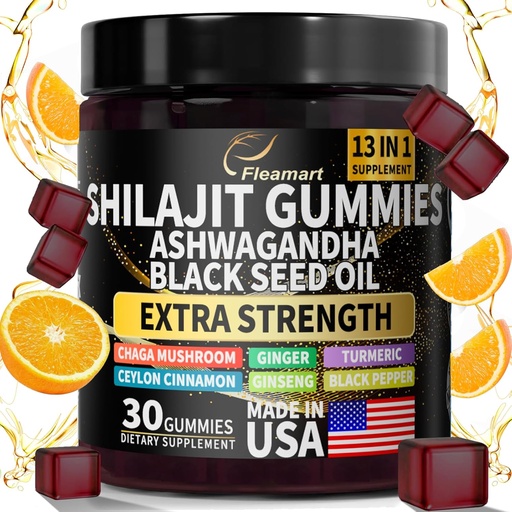 [BRSRAGQZOAOQMA3D] Shilajit Gummies, Shilajit Pure Himalayan Gummies with Ashwagandha, Black Seed Oil, Sugar Free Shilajit Gummies for Men & Women, 30 Count, Orange Flavor