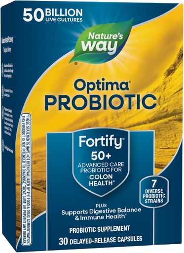 [BRSWKYT7CMHG2CTM] Nature's Way Fortify Optima Probiotic for Adults 50+, 50 Billion Live Cultures, Supports Digestive Balance, Colon & Immune Health*, No Refrigeration Needed, 30 Capsules (Packaging May Vary)