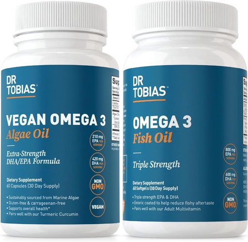 [BRSRA2Q5DMFGGE3G] Dr. Tobias Vegan Omega 3 Algae Oil and Omega 3 Fish Oil, 2 Options for Comprehensive Fatty Acid Support, Non-GMO