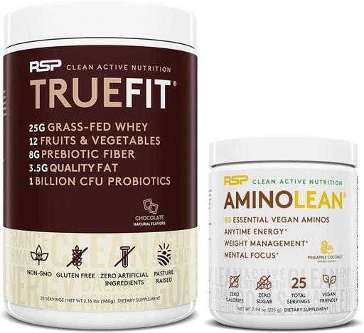 [BRSWYGQ5ARYR6ET3] RSP NUTRITION Vegan AminoLean Pre Workout Energy (Pineapple Coconut 25 Servings) with TrueFit Protein Powder (Chocolate 2 LB)