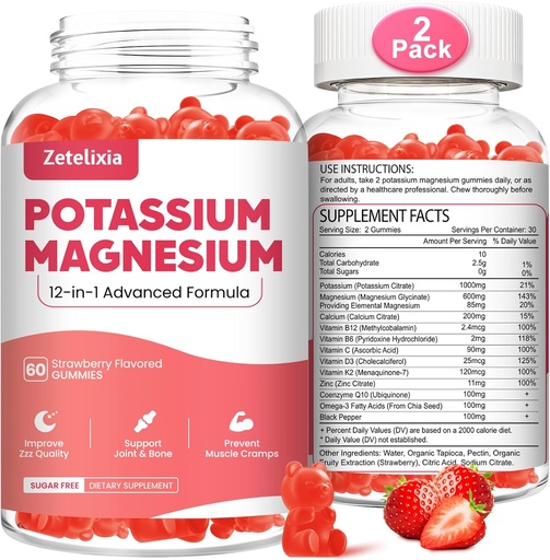 [BRSRAGDROQIBUF3X] 2 Pack Kalium Magnesium Ergänzung Gummi für Erwachsene Kinder, Magnesium Glycinat & Kalium Citrat, Plus Multivitamin, Omega-3 & Schwarz Pfeffer, Leg Cramps, Muskel & Herz Gesundheit, 120 Zähler