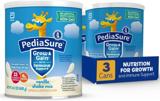 [BRSWKYQGCR6A2DYV] PediaSure Grow & Gain avec support immunitaire Shake Mix Poudre, 23 Vitamines et Minéraux, 6g Protéines, Non-OGM, Sans gluten, Vanille, 14,1 oz Can, Boîte de 3-24 portions
