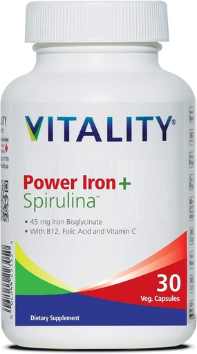 [BRSWGBQ7AUBB6E3J] Vitality Power Iron + Spirulina | 45mg Iron | Blood Builder | Iron Deficiency Support | Vegan | All Natural Supplement | Gentle on Stomach | 30 Capsules