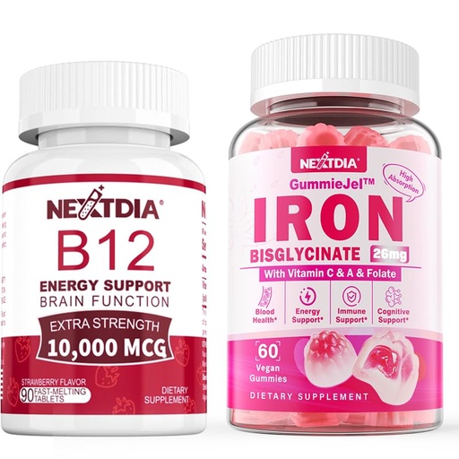 [BRSRAYYZBYIBSCTV] Nextdia Iron Filled Gummies 26mg+ Vitamin B12, Methylcobalamin 10000 mcg Tablets