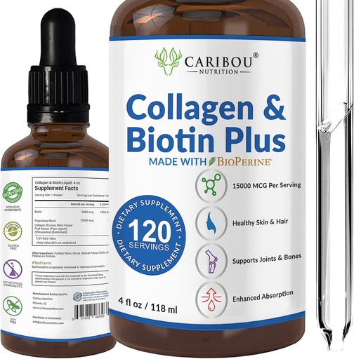 [BRSW2GTQBV7R4C3D] Liquid Collagen & Liquid Biotin With BioPerine For Enhanced Absorption - 10000mcg Collagen Liquid & 5000mcg Biotin Liquid - Liquid Collagen For Women -4 Month Supply of Biotin And Collagen Supplements