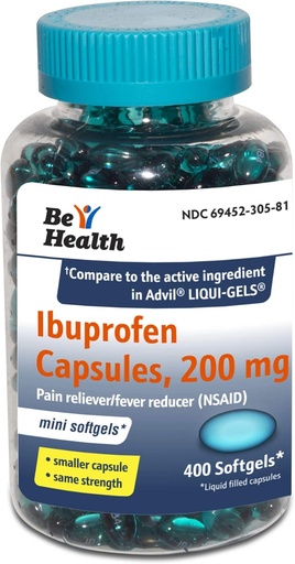 [BRSWYAIDOUPAGEY6] Be Health Mini Ibuprofeno 200 Mg Softgels, Dolor/Reductor de Dolor, Made in USA, 400 Conde
