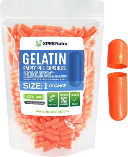[BRSWY2YFBUFA42DX] XPRS Nutra Size 1 Empty Capsules - 500 Count Empty Gelatin Capsules - Pill DIY Capsule Filling - Pure Bovine Pill Gel Caps for Do-It-Yourself Supplements (Orange)