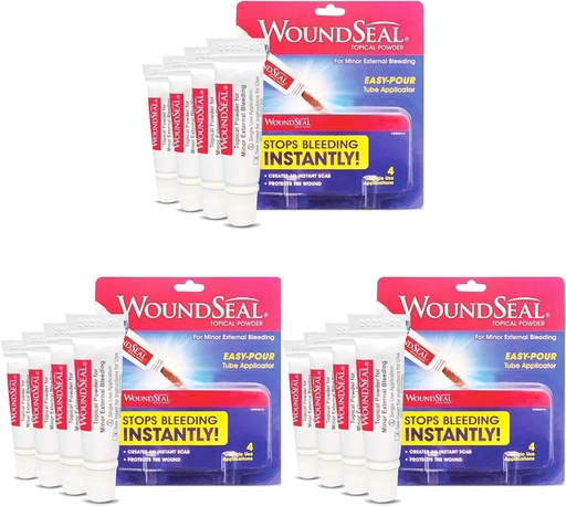 [BRSWIFIKPN4AM3L2] WoundSeal Powder 4 Each (Pack of 3) - Wound Care First Aid for Cuts, Scrapes and Abrasions - Stops Bleeding in Seconds Without Stitches or Bandages - Safe and Effective for People of All Ages and Pets