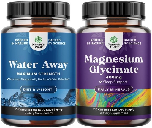 [BRSROCTQPJ4GYFY2] Bundle of Water Away Pills Maksimal styrke - Herbal Diuretiske piller for vannoppbevaring for rask fungerende blooting relief og ren magnesium Glycinate 400mg Per servering for Mood Sleep and Relaxation