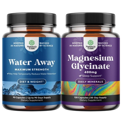 [BRSROCTQPJ4GYFY2] Bundle of Water Away Pills Maximum Strength - Herbal Diuretic Pills for Water Retention for Fast Acting Bloating Relief and Pure Magnesium Glycinate 400mg Per Serving for Mood Sleep and Relaxation