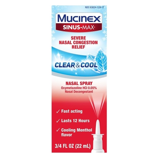 [BRSWIZT7BAAGKYIV] Mucinex Sinus-Max Nasal Spray Decongestant, 12 Hour Over-The-Counter Medication Nose Spray for Sinus Relief, Nasal Decongestants for Adults & Sinus Congestion, Clear & Cool 3/4 Fl Oz(22ML)