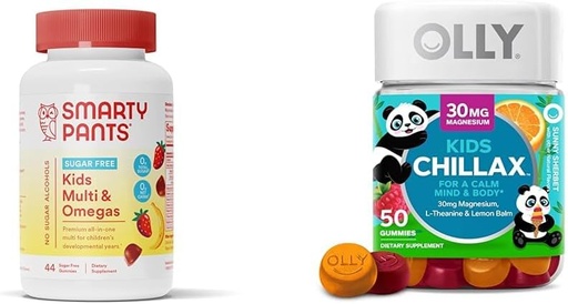 [BRSROBQCC4BBY23A] SmartyPants Kids Multivitamin Gummies, Sugar Free: Omega 3 (ALA) & OLLY Kids Chillax, Magnesium Gummies Plus L-Theanine, Lemon Balm, Calm Chews for Kids 4+, Sherbet Flavor - 50 Count (Pack of 1)