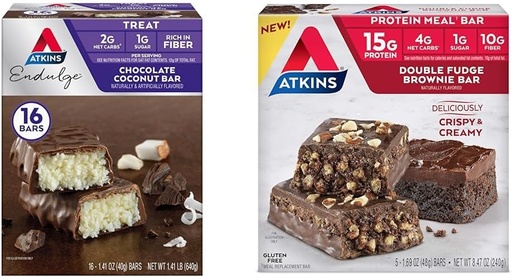 [BRSRAYYYC54BEC3L] Atkins Chocolate Coconut Bar 16 Count, Double Fudge Brownie Protein Meal Bar 5 Count Bundle