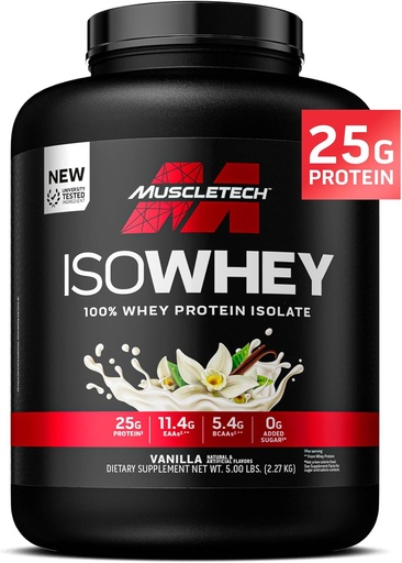 [BRSROAYZBECA23DJ] ISO MuscleTech Whiy Isolate Protein Powder, Vanilla - Post Workout Gym Suplement for Lean Muscle Gain, Body Building Weight & Recovery - 25g Protein, BCAA, EAA & 0 Ditambahkan Sugar - 5lbs
