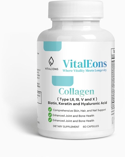 [BRSRA2YNCUNBOCQ2] Collagen Hair, Skin and Nail Supplement for Women - Type I, II, III, V, X, Collagen Capsules Enhanced with Biotin, Keratin & Hyaluronic Acid - Comprehensive Skin, Hair & Nail Support