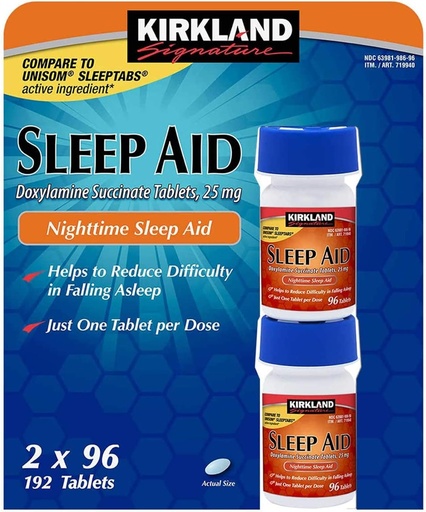 [BRSWKFIEAAHWGGTY] קירקלנד Sleep Doxylamine Succinate 25 מ"ג 192 טבליות