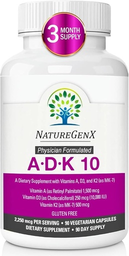 [BRSWGAQHDICWYD3H] ADK10 – ADK Vitamin Supplemento | Vitamine ad alta potenza A, D3 (10.000 UI) & K2 MK-7 per Bone, Cuore e Salute Immune | 90 capsule minuscole | Alimentazione 3 Mesi | Non OGM, Gluten Free