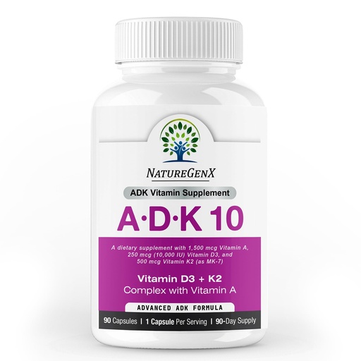 [BRSWGAQHDICWYD3H] NatureGenX ADK10 – Vitamins A, D3 250 mcg & K2 MK-7 for Bone, Heart & Immune Health – Non-GMO, Gluten-Free, Soy-Free – 90 Capsules (3-Month Supply)