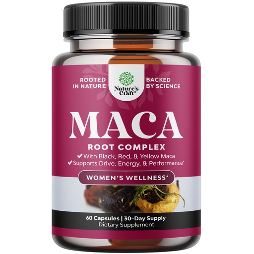 [BRSROZ3QAR7AO236] Maca Root Capsules for Women - Potent Herbal Supplement with Female Enhancing Blend of Red Yellow & Black Maca Root - Non-GMO Certified Vegan and Gluten-Free with No Artificial Colors - 60 Count