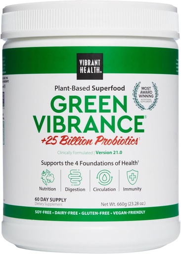 [BRSWECQKBUIRAELL] Vibrant Health, Green Vibrance, Vegan Superfood Powder, Boost Energy, 60 Servings