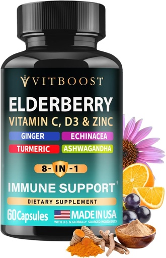 [BRSRAGAKC4FW2HL3] Elderberry Immune Support Supplement 8-in-1 Formula with Echinacea, Vitamin C & Zinc, Vitamin D 5000 IU, Turmeric, Ginger, Ashwagandha – 60 Capsules