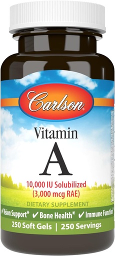 [BRSWIYTYO4AWGAA7] Carlson - Vitamin A Solubilized, 10000 IU (3000 mcg RAE), Su İdman, Vision Health, 250 Softgels