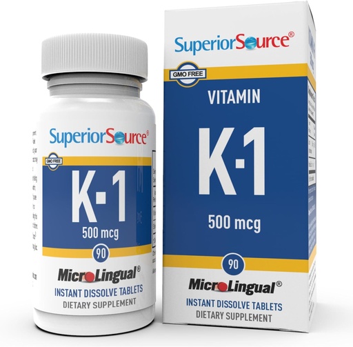 [BRSWIZYKA55B23DC] Superior Source Vitamin K1 500 µg - Csonterősség és az egészséget támogató kiegészítés - K- vitamin kiegészítés Vér egészség és kalcium abszorpció - 100 Nyelvalatti oldódó tabletta